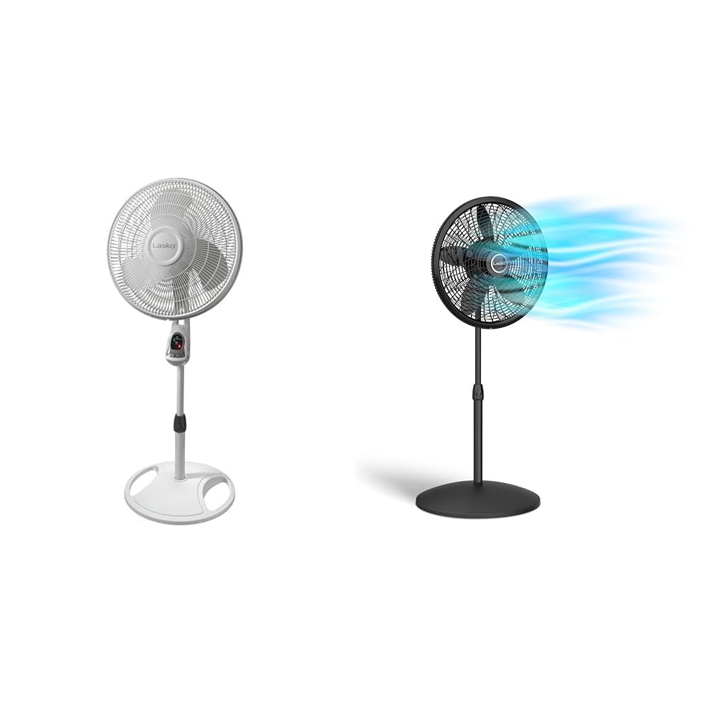 16" White Oscillating Pedestal Fan with Remote and 18" Black Adjustable Pedestal Fan Y80946