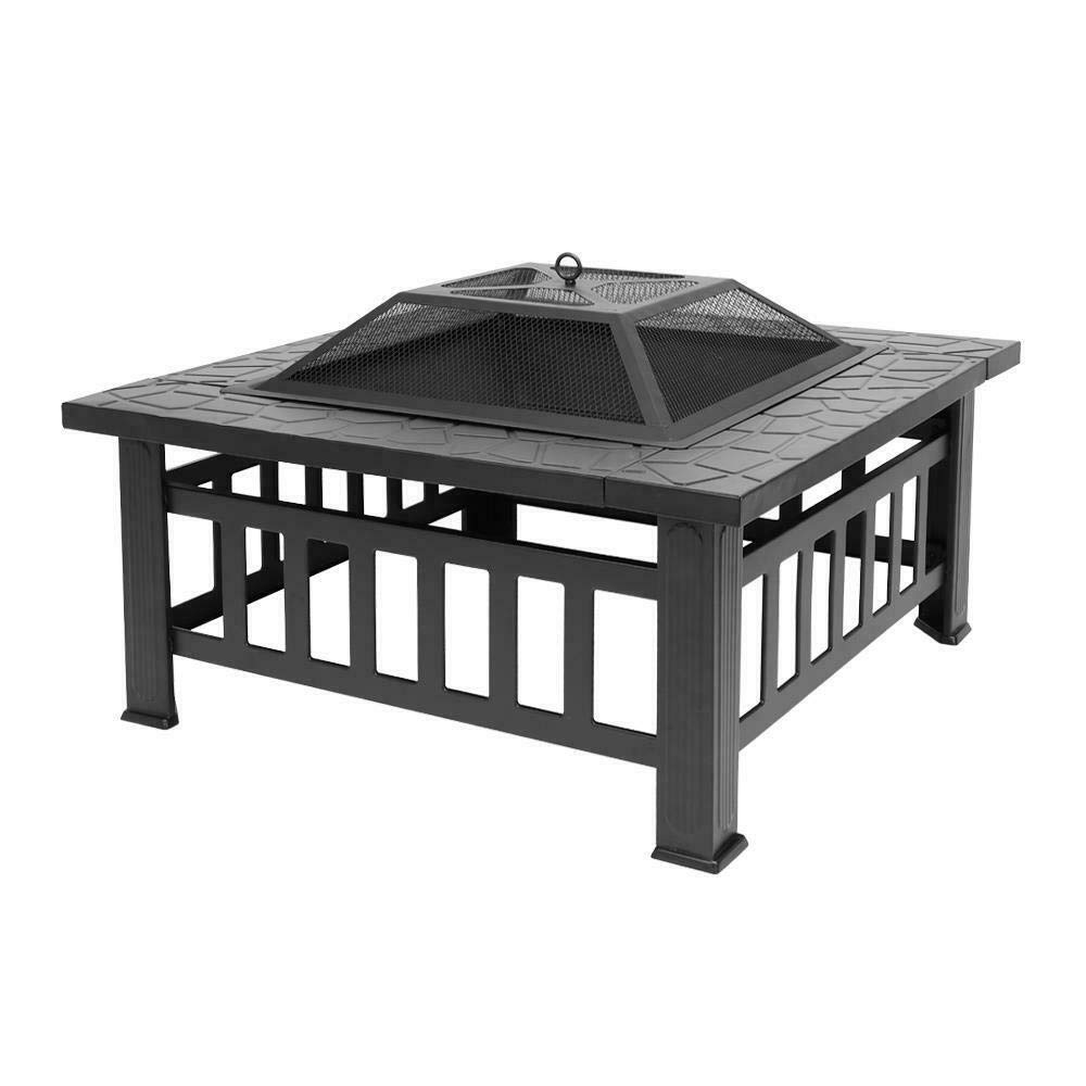 32" Square Metal Wood Burning Fire Pit with Poker & Mesh Cover H610