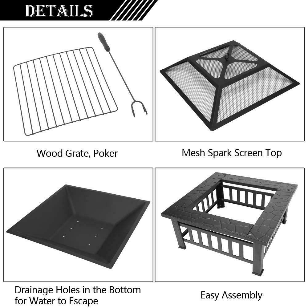 32" Square Metal Wood Burning Fire Pit with Poker & Mesh Cover H610
