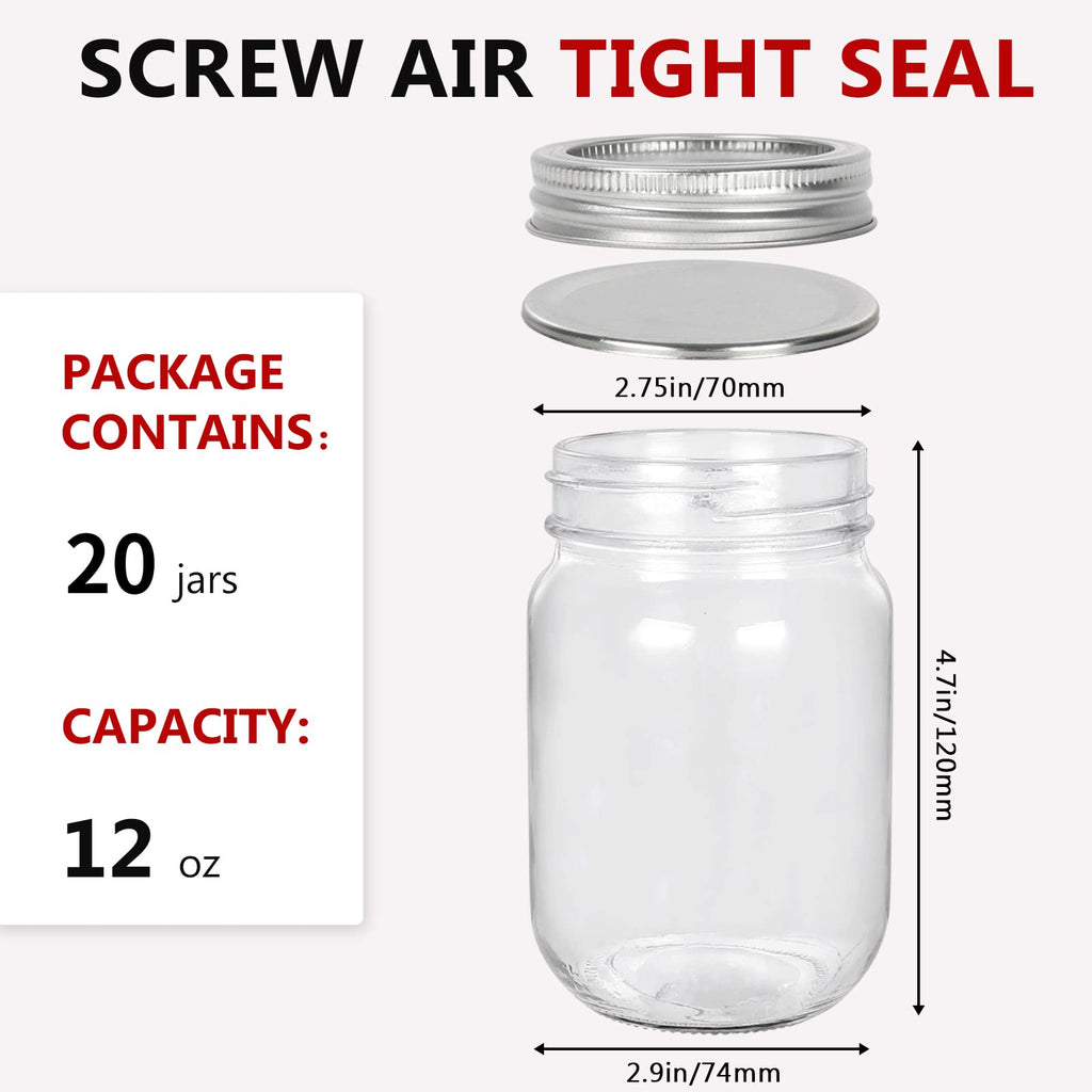12 oz Glass Mason Jar, 20 Pack Canning Jars with Lids U240