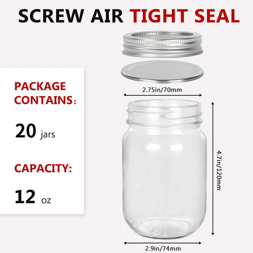 12 oz Glass Mason Jar, 20 Pack Canning Jars with Lids U240