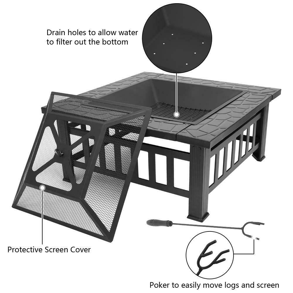 32" Square Metal Wood Burning Fire Pit with Poker & Mesh Cover H610