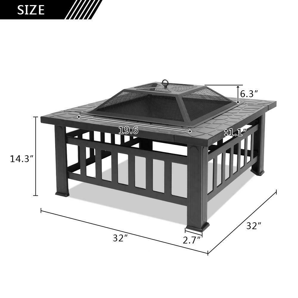 32" Square Metal Wood Burning Fire Pit with Poker & Mesh Cover H610