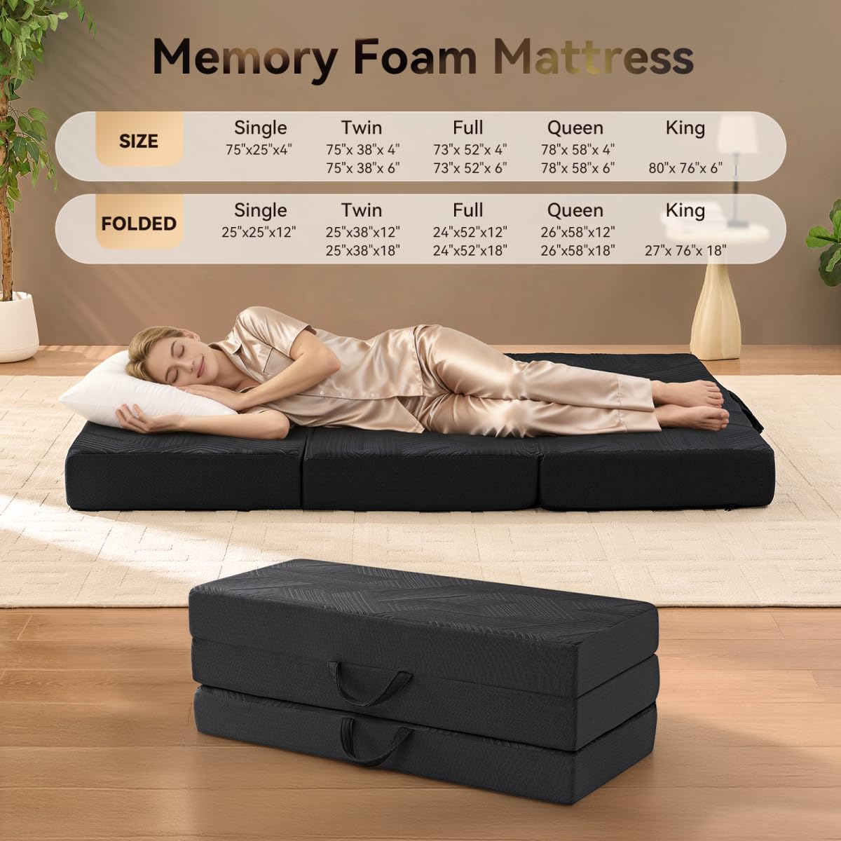 6 Inch Memory Foam Tri-Fold Twin Mattress with Washable Cover F2164