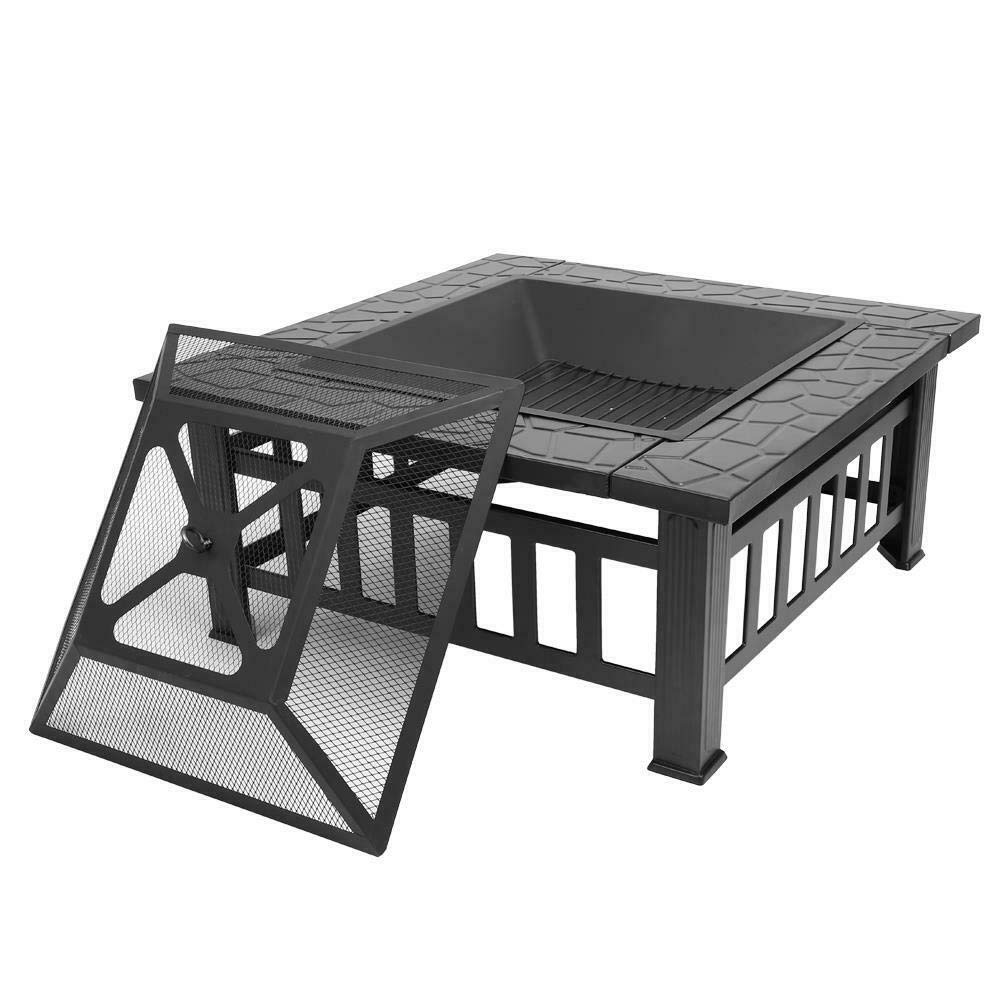 32" Square Metal Wood Burning Fire Pit with Poker & Mesh Cover H610