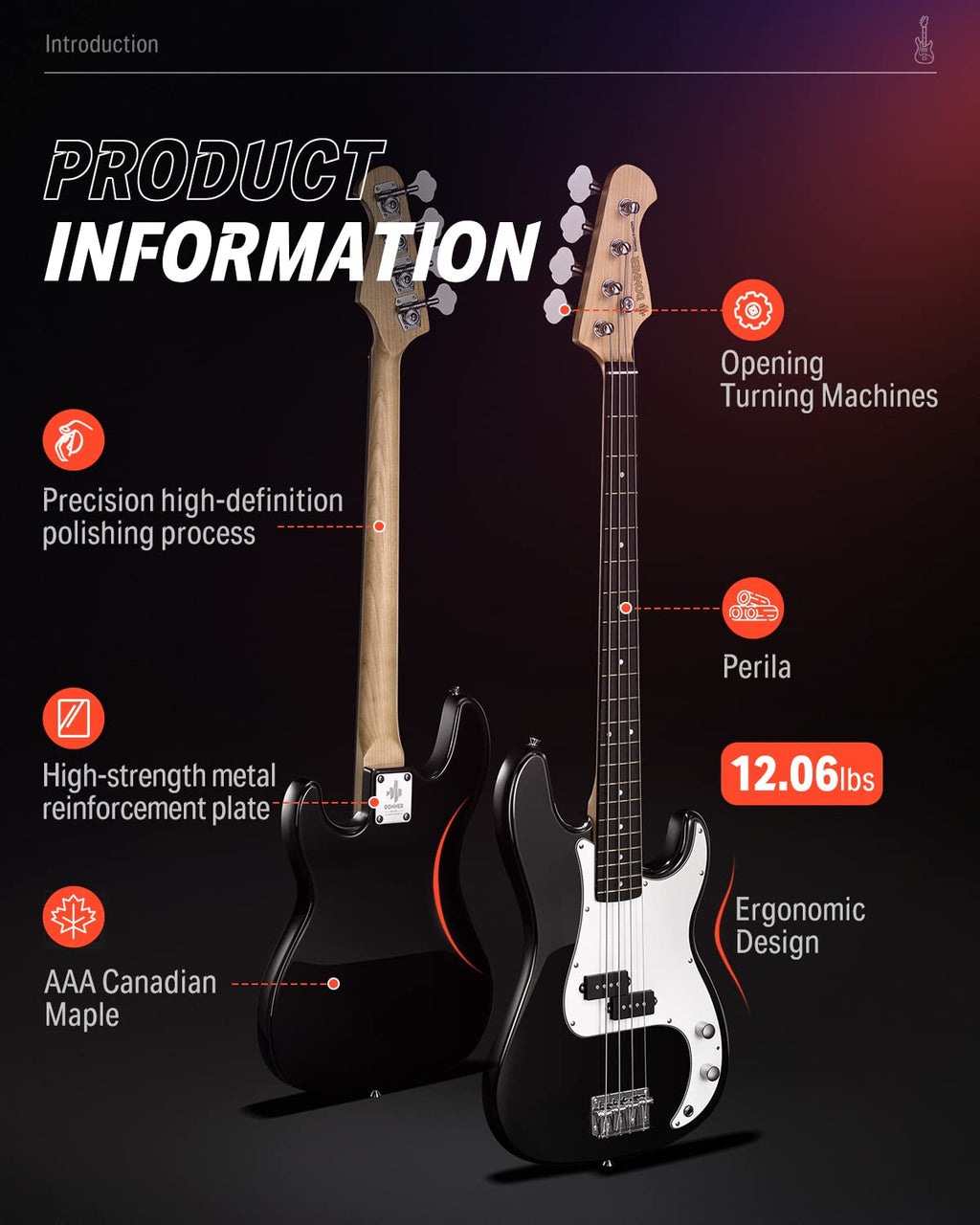 Electric Bass 4 Strings Full-Size Guitar Kit PB-Style Black M831