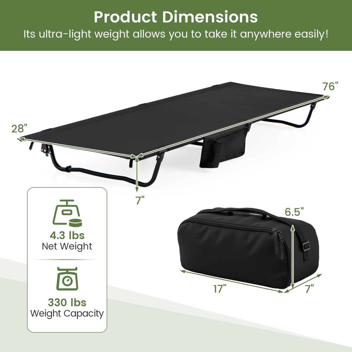 Folding Camping Cot with Carrying Bag & Side Pocket R720