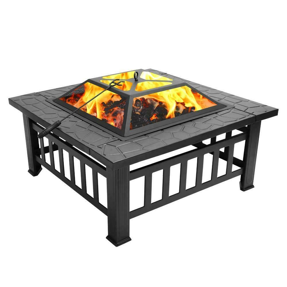 32" Square Metal Wood Burning Fire Pit with Poker & Mesh Cover H610