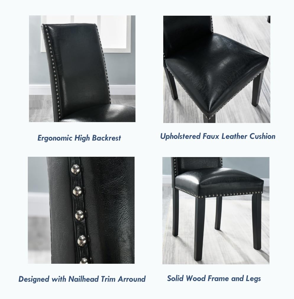 Black Faux Leather Dining Chairs Set of 4 with Wood Legs R611