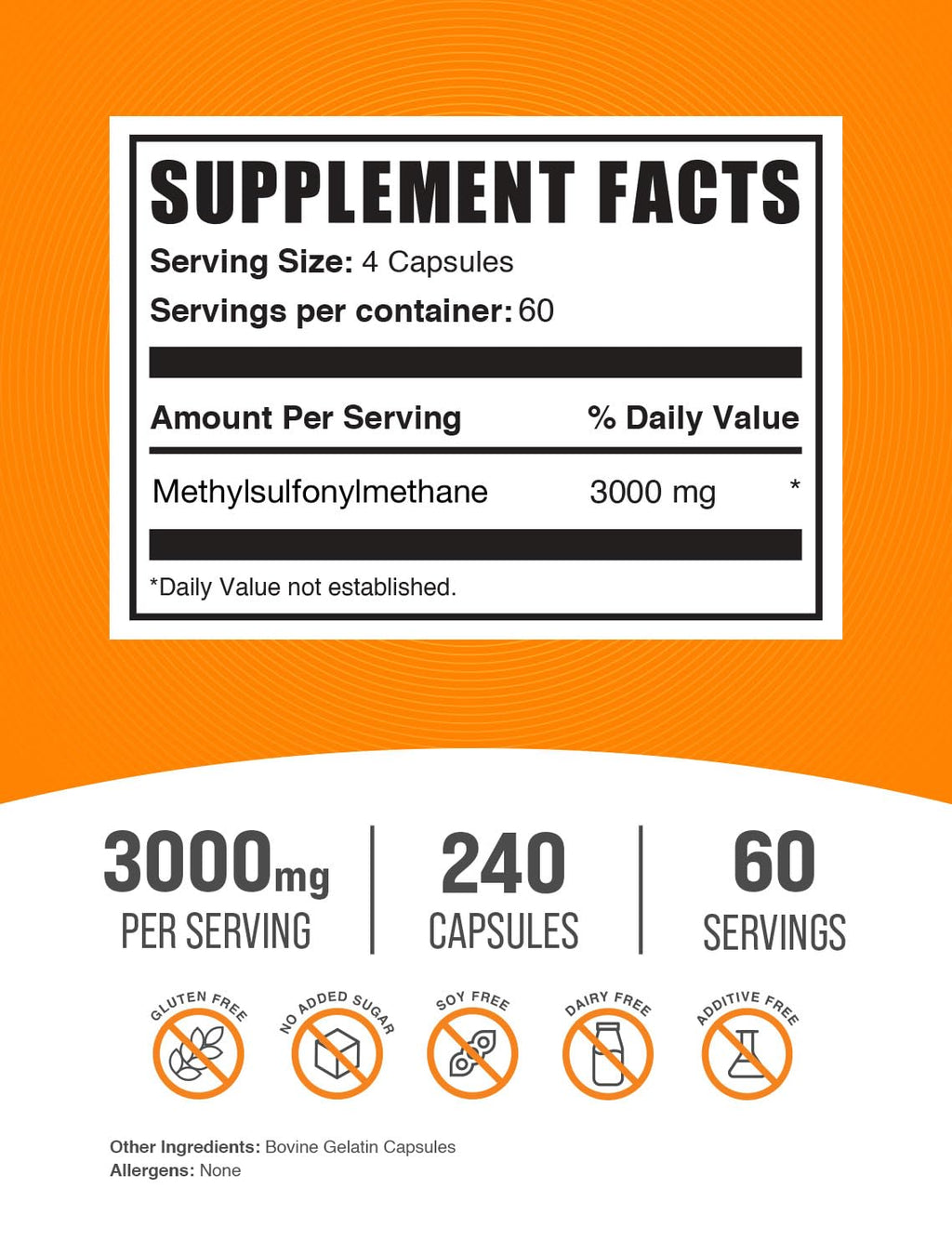 MSM 3000mg Gluten Free Capsules 240 Count G83341