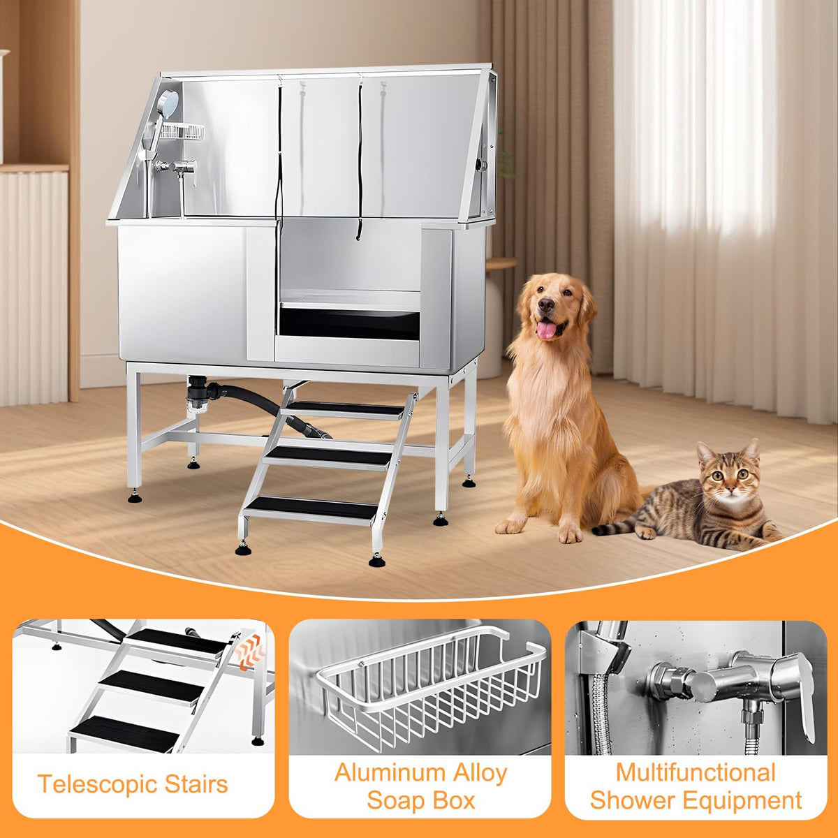 Stainless Steel Dog Washing Station with Stairs V771