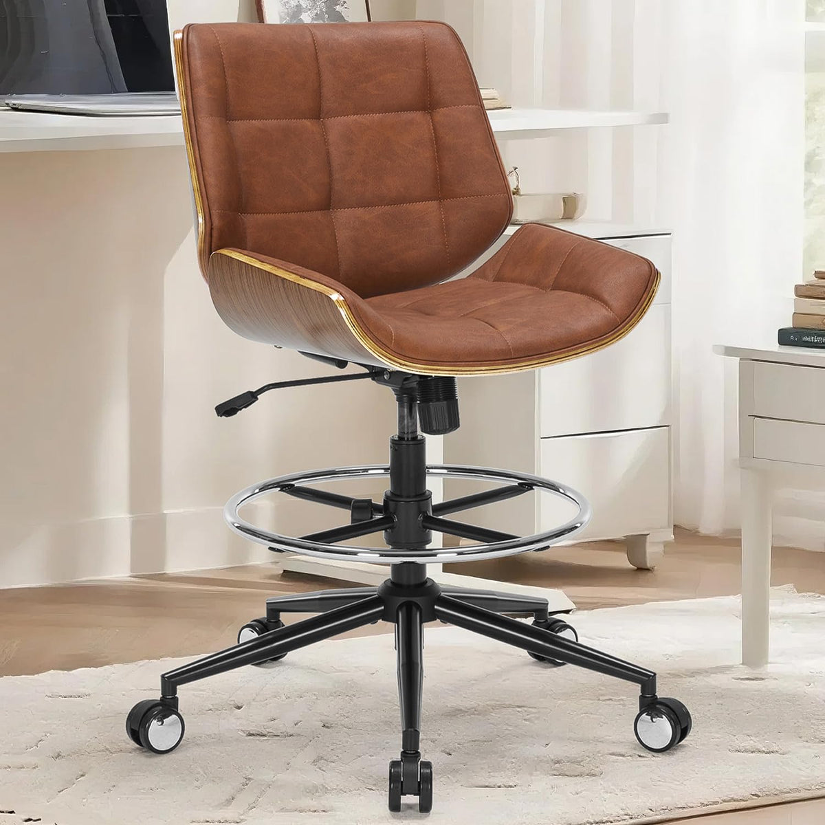 Brown Ergonomic Drafting Office Chair with Adjustable Height and Footrest Ring L648151