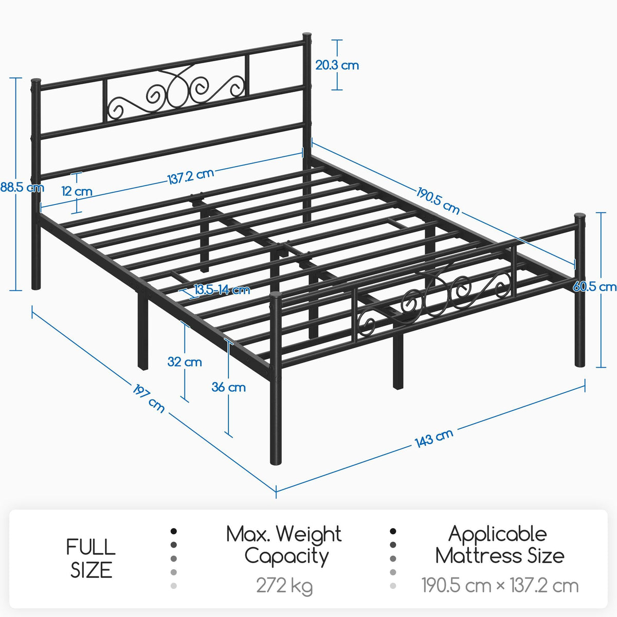 Black Metal Bed Frame with Headboard and Footboard W226