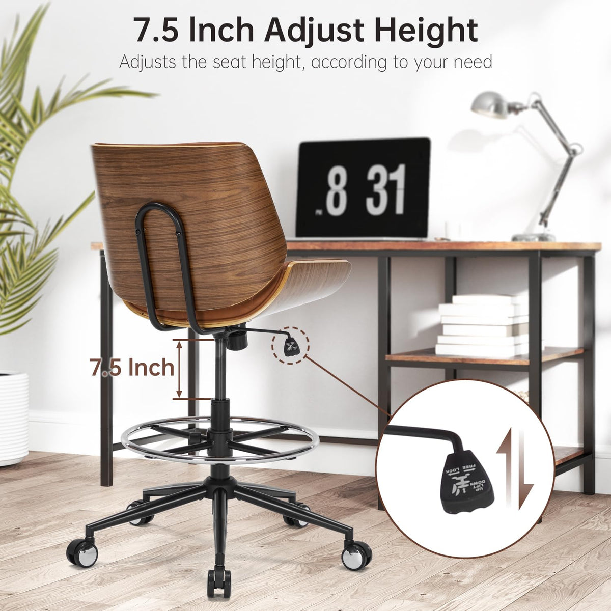Brown Ergonomic Drafting Office Chair with Adjustable Height and Footrest Ring L648151