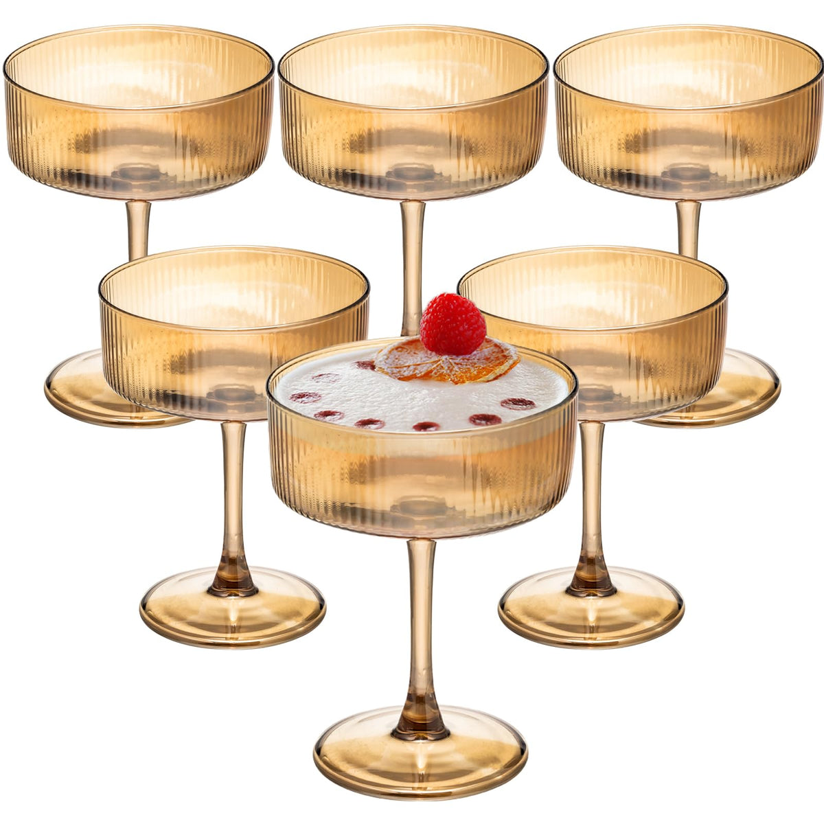 Set of 6 Amber Ribbed Coupe Cocktail Glasses H141