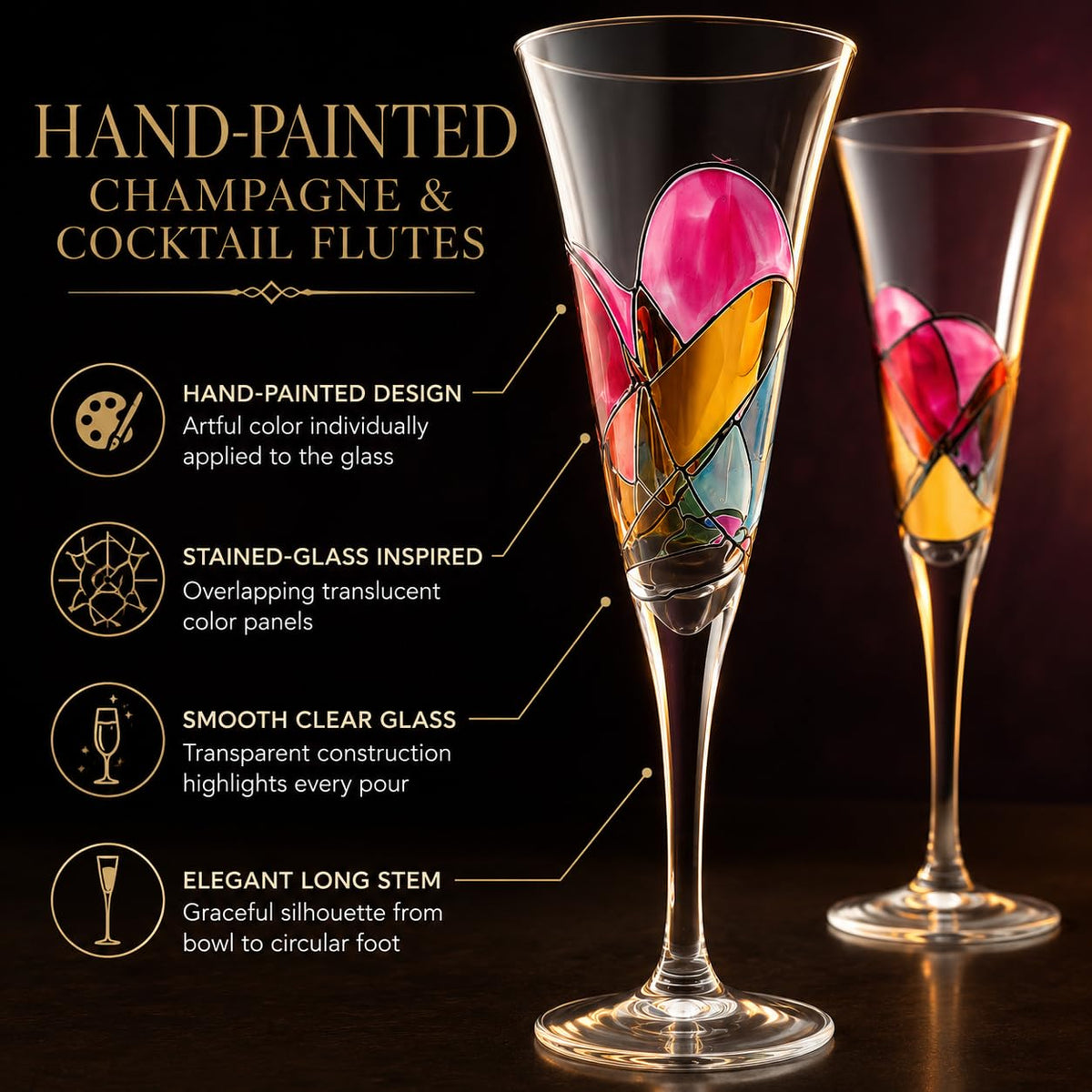 Hand Painted Martini Champagne Cocktail Glasses 2 Set S681