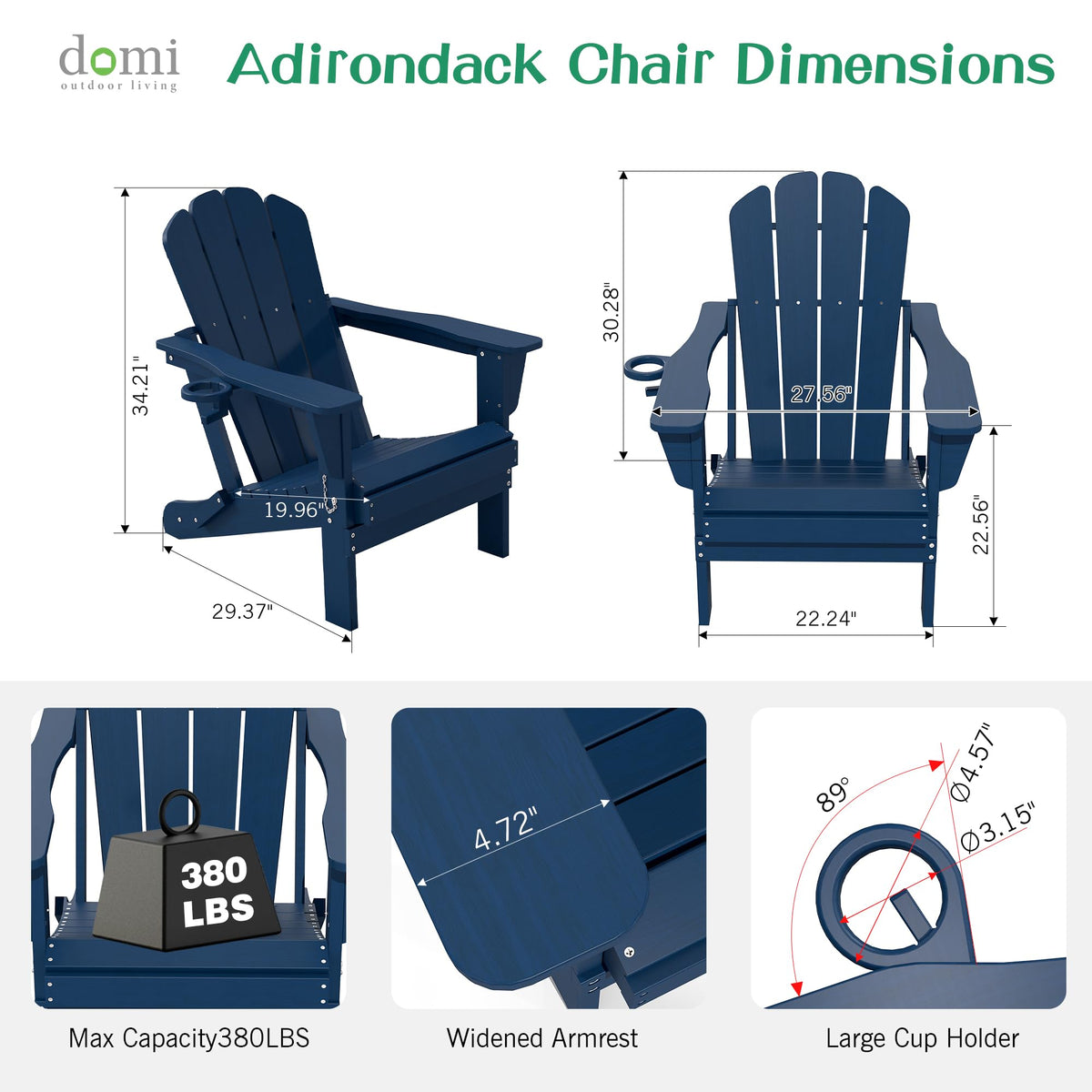 Folding Adirondack Chair Set of 8 HDPE All-Weather with Cup Holder Blue D97722