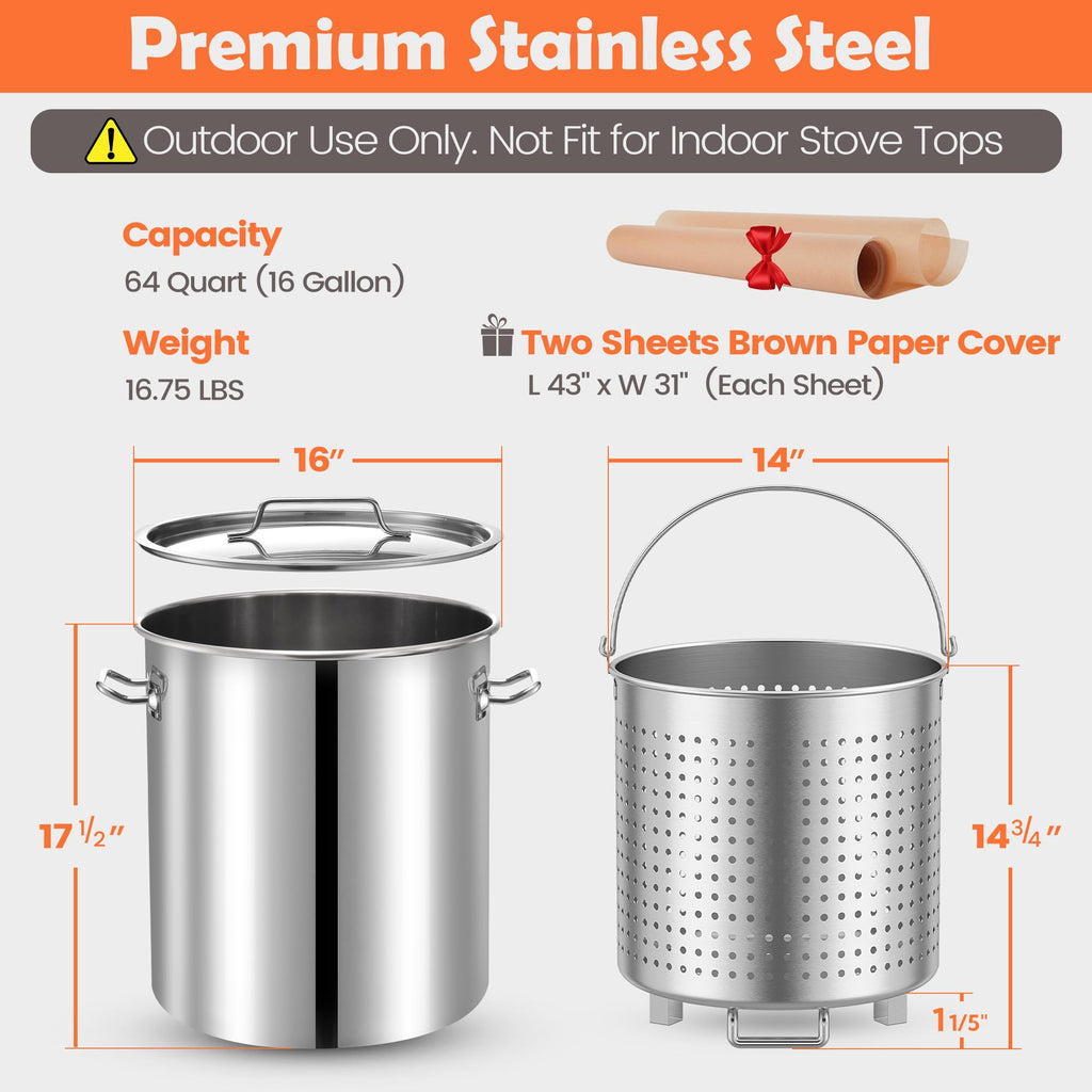64 QT Stainless Steel Seafood Boil Pot with Basket D5256