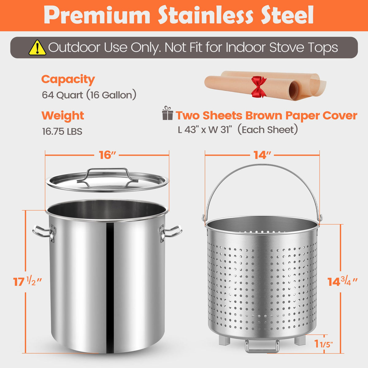 64 QT Stainless Steel Seafood Boil Pot with Basket D5256