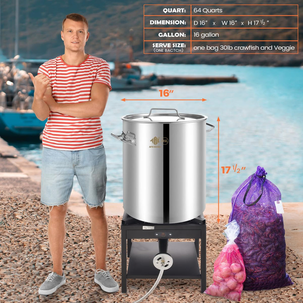 64 QT Stainless Steel Seafood Boil Pot with Basket D5256