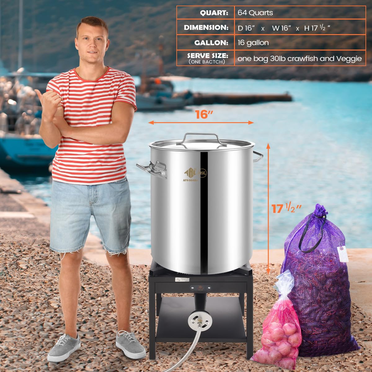 64 QT Stainless Steel Seafood Boil Pot with Basket D5256