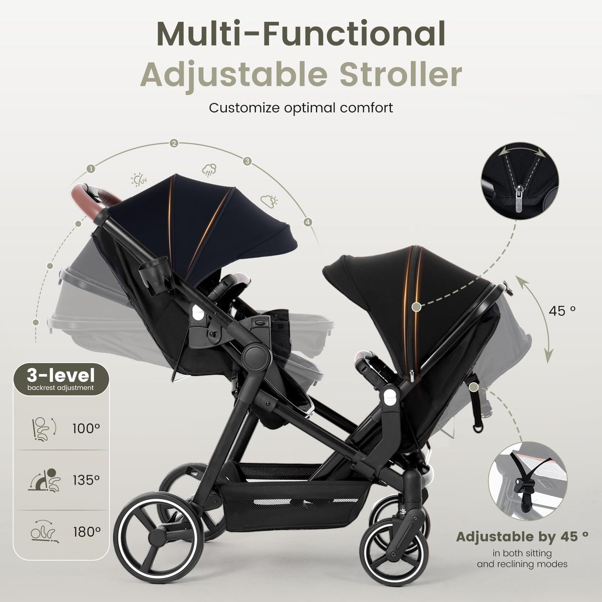 Foldable Tandem Double Stroller with Storage Basket C489867