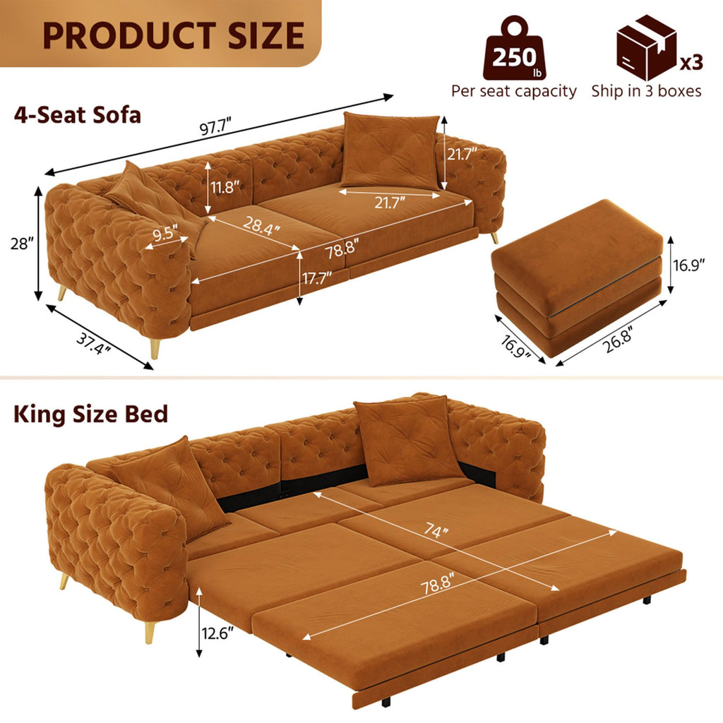 Velvet Convertible Sofa Bed with Ottomans H18096