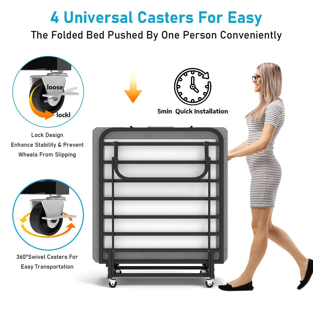 Folding Bed with Mattress on Wheels D402189