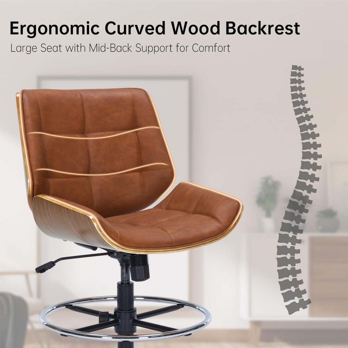 Brown Ergonomic Drafting Office Chair with Adjustable Height and Footrest Ring L648151