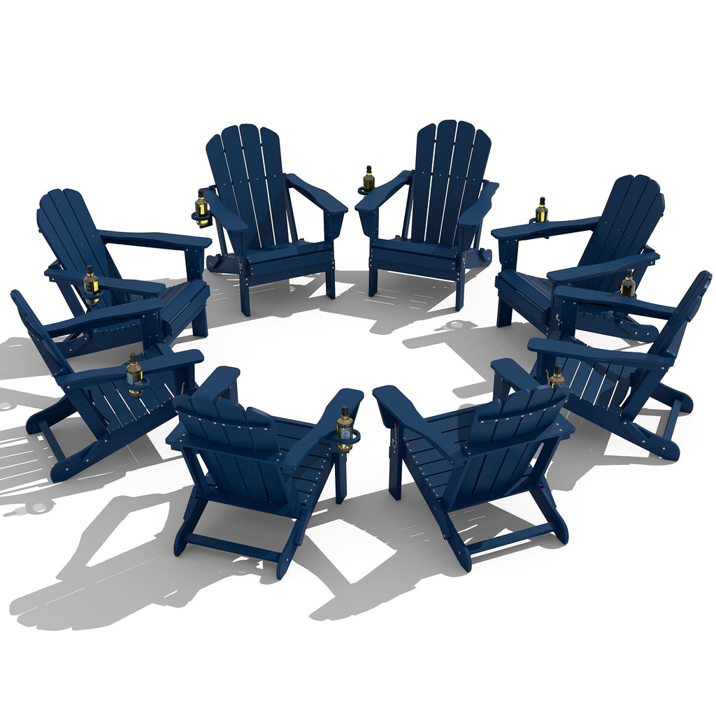Folding Adirondack Chair Set of 8 HDPE All-Weather with Cup Holder Blue D97722