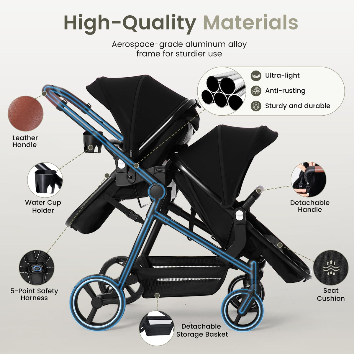 Foldable Tandem Double Stroller with Storage Basket C489867