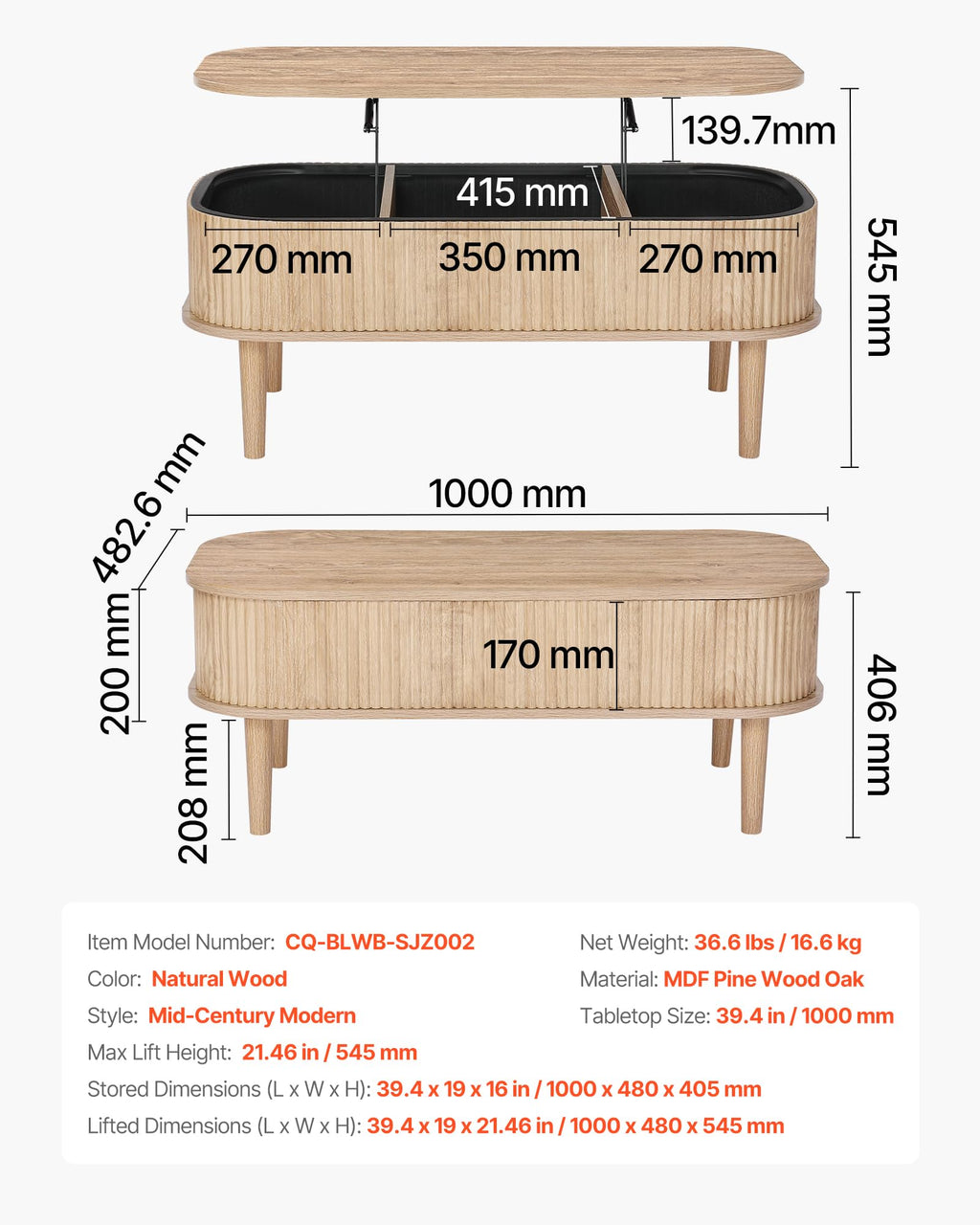 Natural Lift Top Coffee Table with Storage Y555820