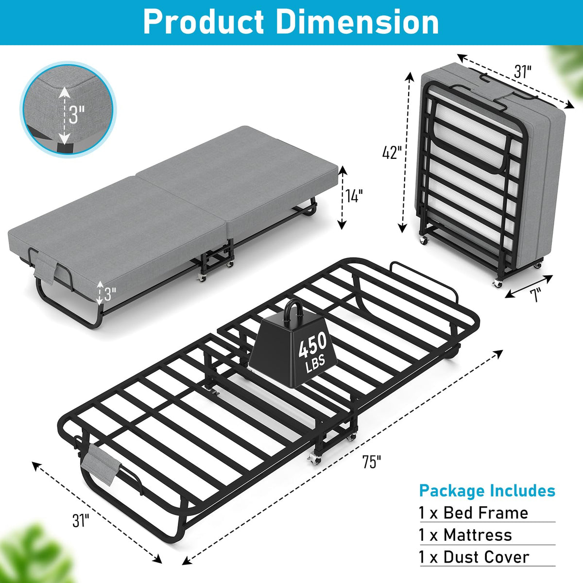 Folding Bed with Mattress on Wheels D402189