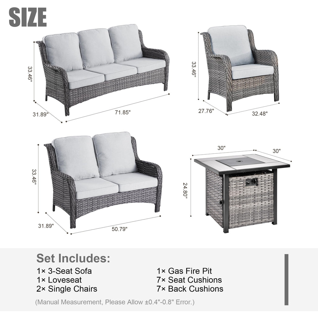 5 Piece Wicker Sofa Set with Fire Pit Table X929