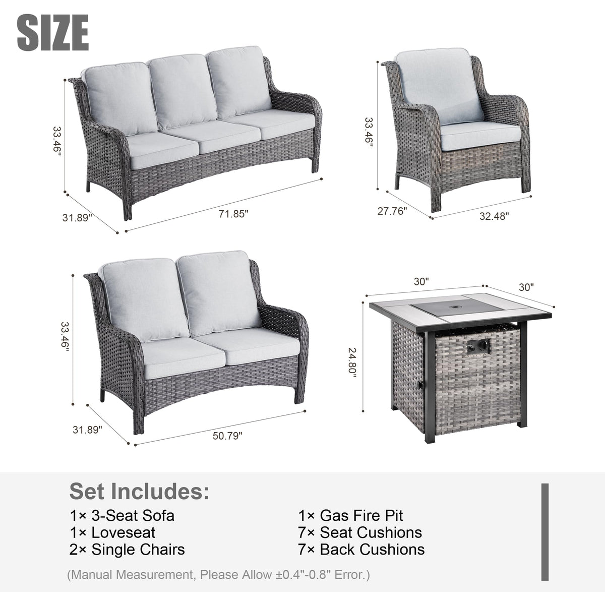 5 Piece Wicker Sofa Set with Fire Pit Table X929