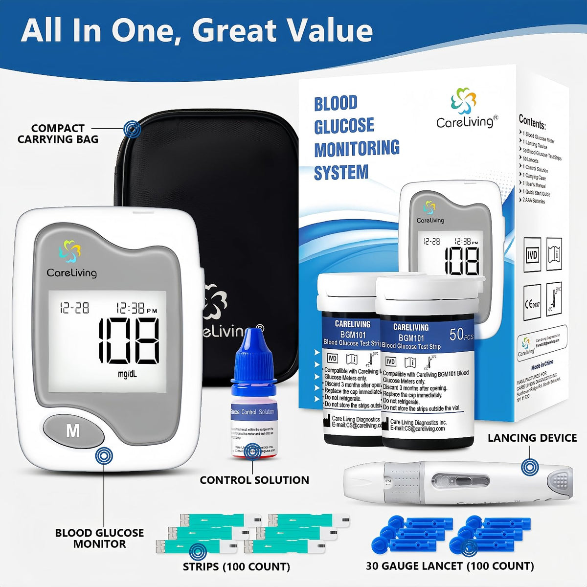 Blood Glucose Monitor Kit with 100 Test Strips and 100 Lancets S45065