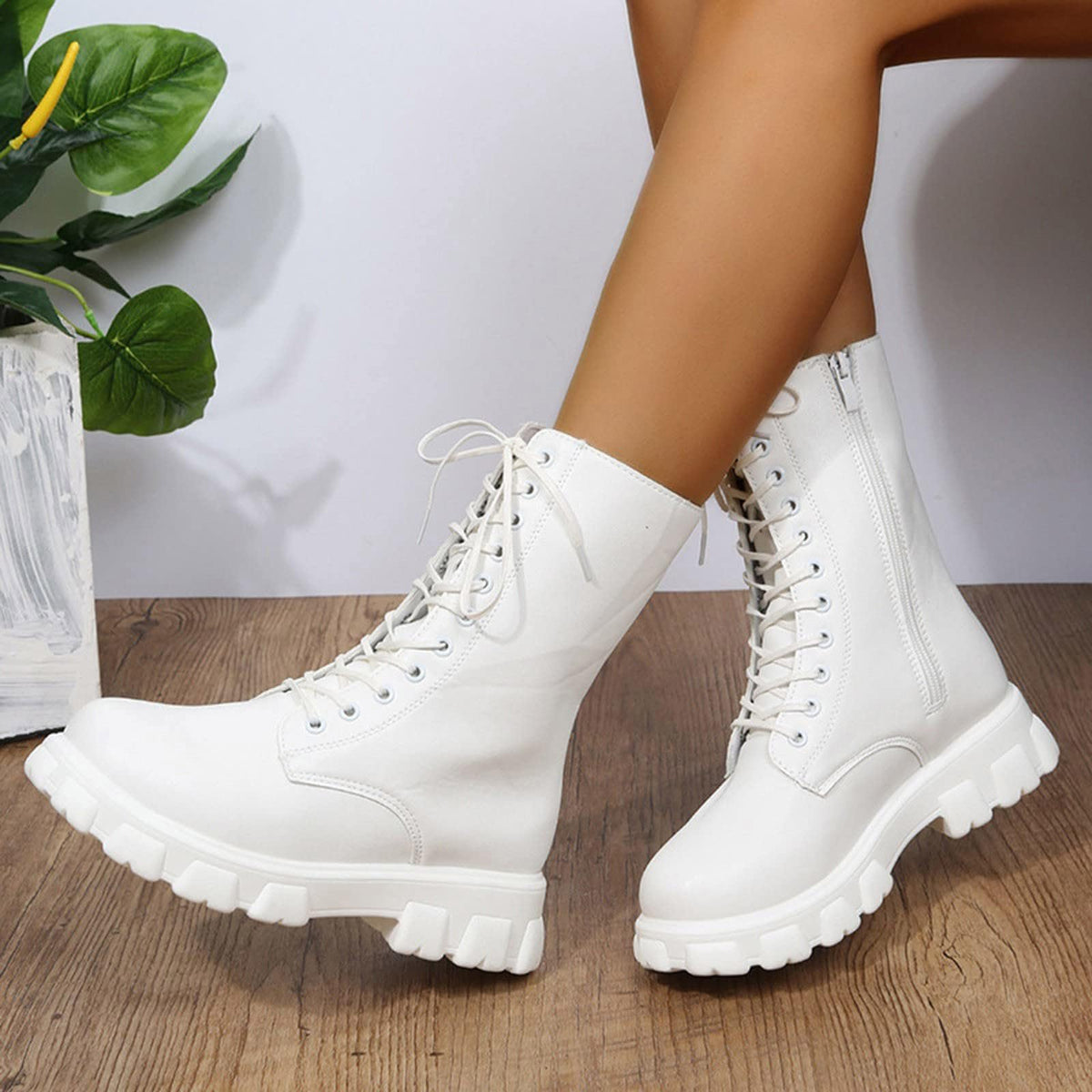 Women's Lace Up Chunky Mid Calf Boots C806