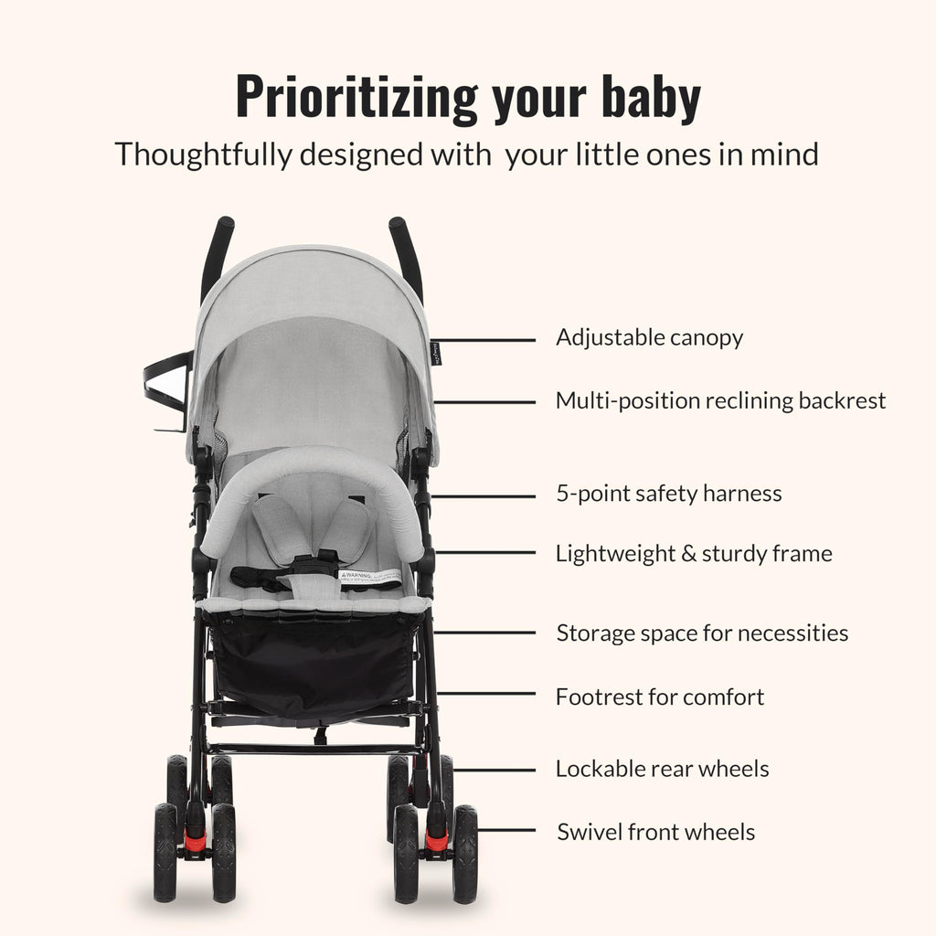 Light Gray Lightweight Baby Stroller with Compact Fold and Canopy N128