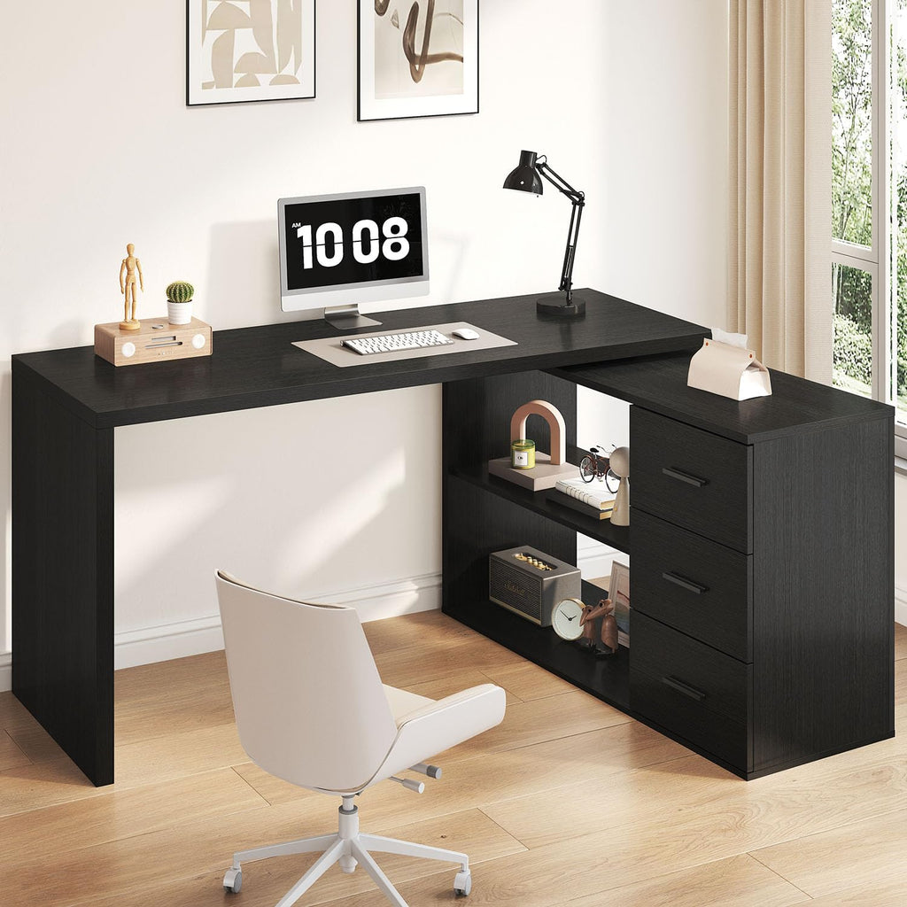 Black L Shaped Corner Desk with Storage Drawers L254579