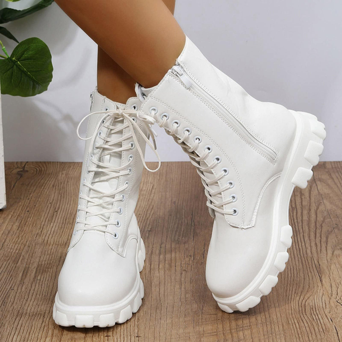 Women's Lace Up Chunky Mid Calf Boots C806