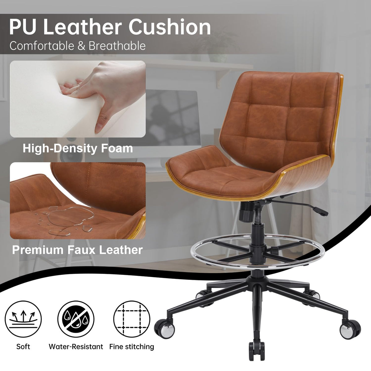 Brown Ergonomic Drafting Office Chair with Adjustable Height and Footrest Ring L648151