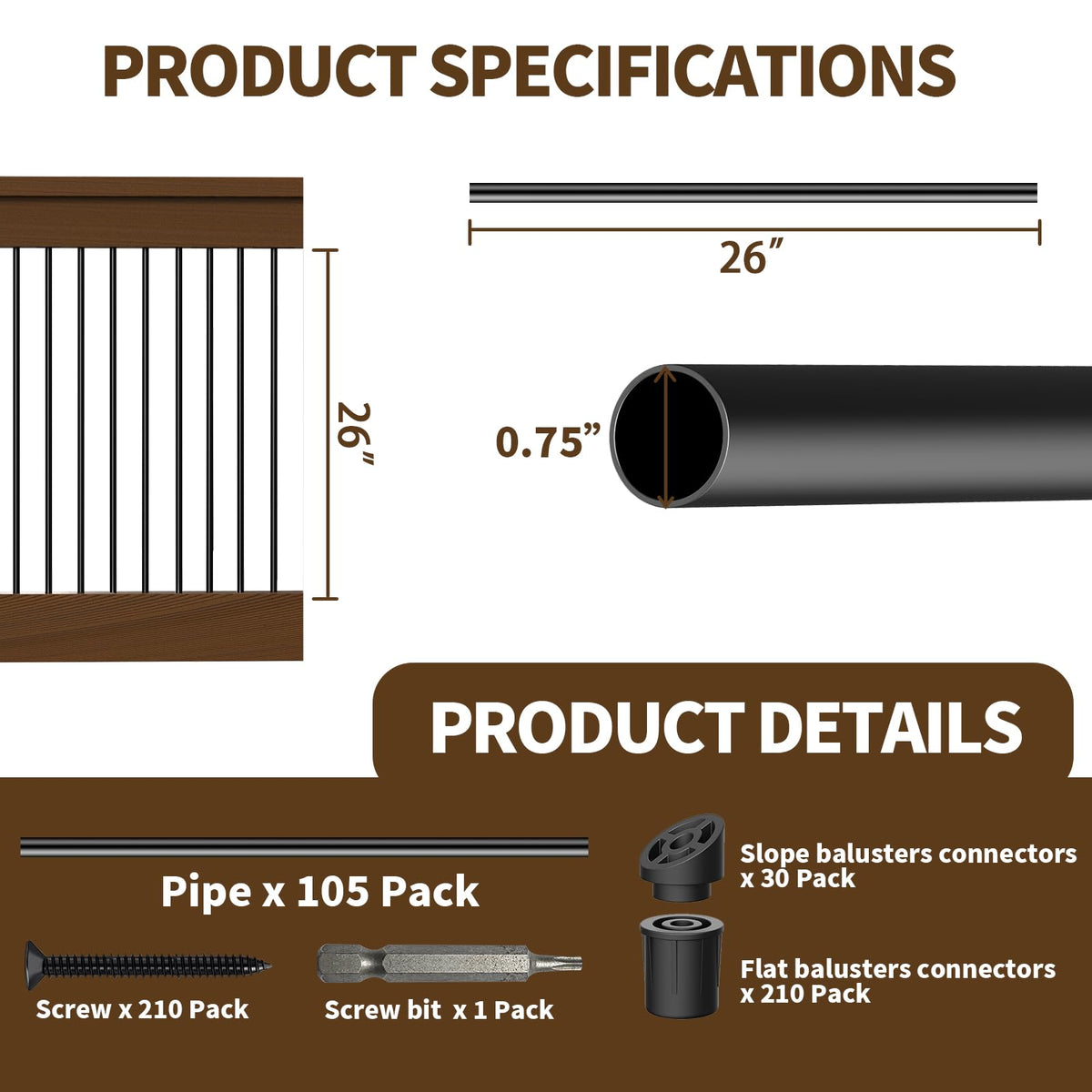 105 Pack 26" Black Aluminum Deck Balusters R16966