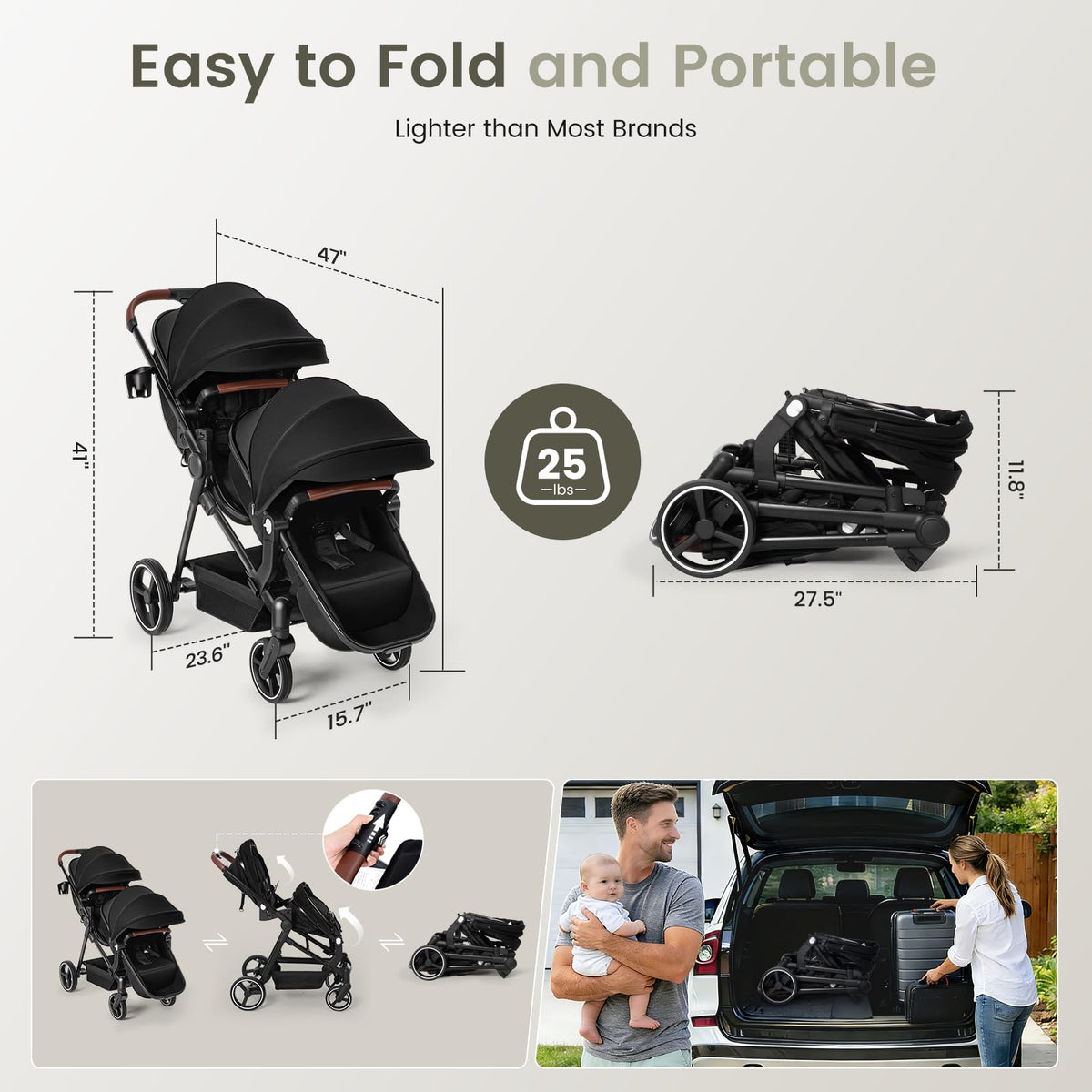 Foldable Tandem Double Stroller with Storage Basket C489867