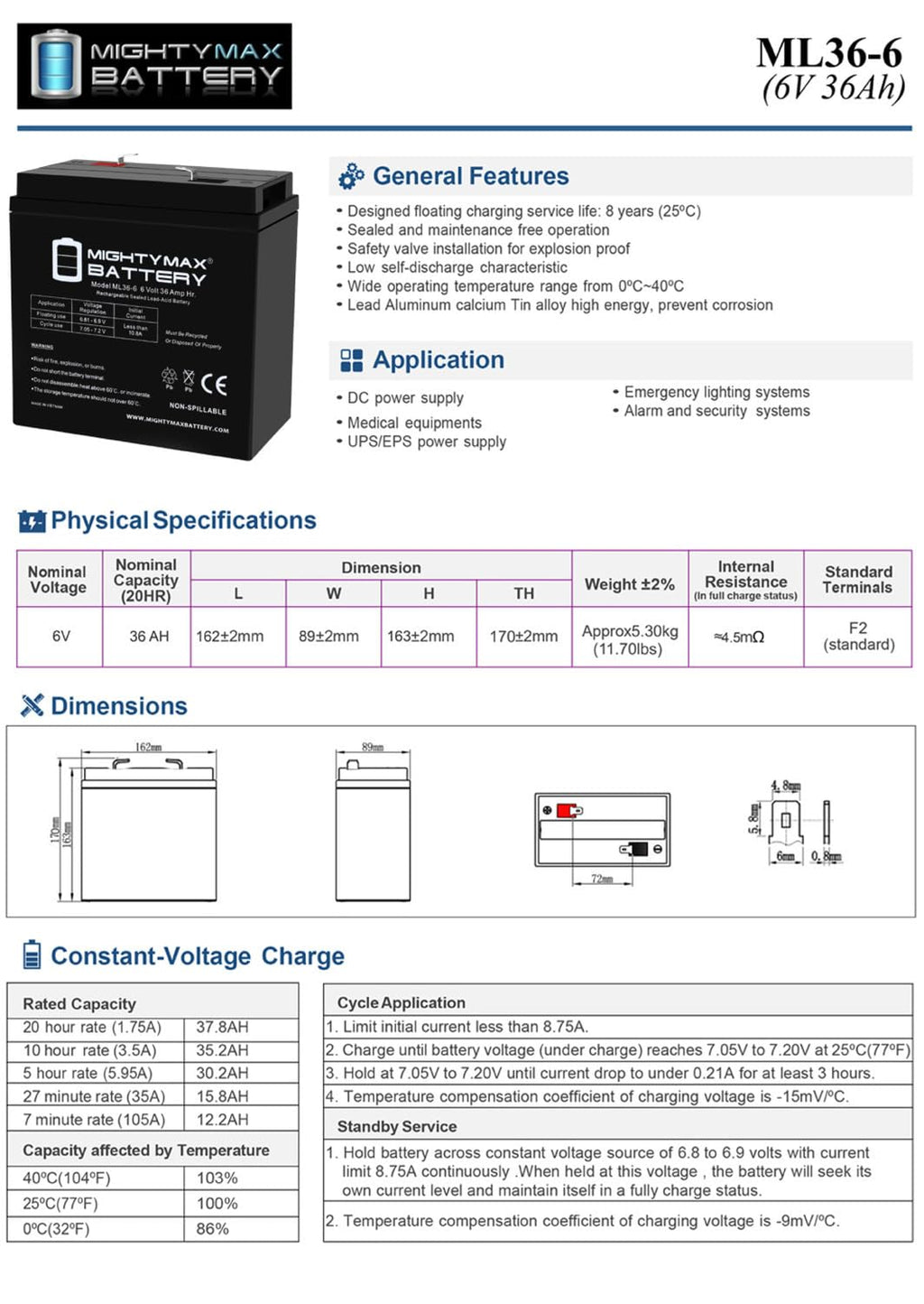 6V 36Ah AGM F2 Terminal Battery 4 Pack L992486