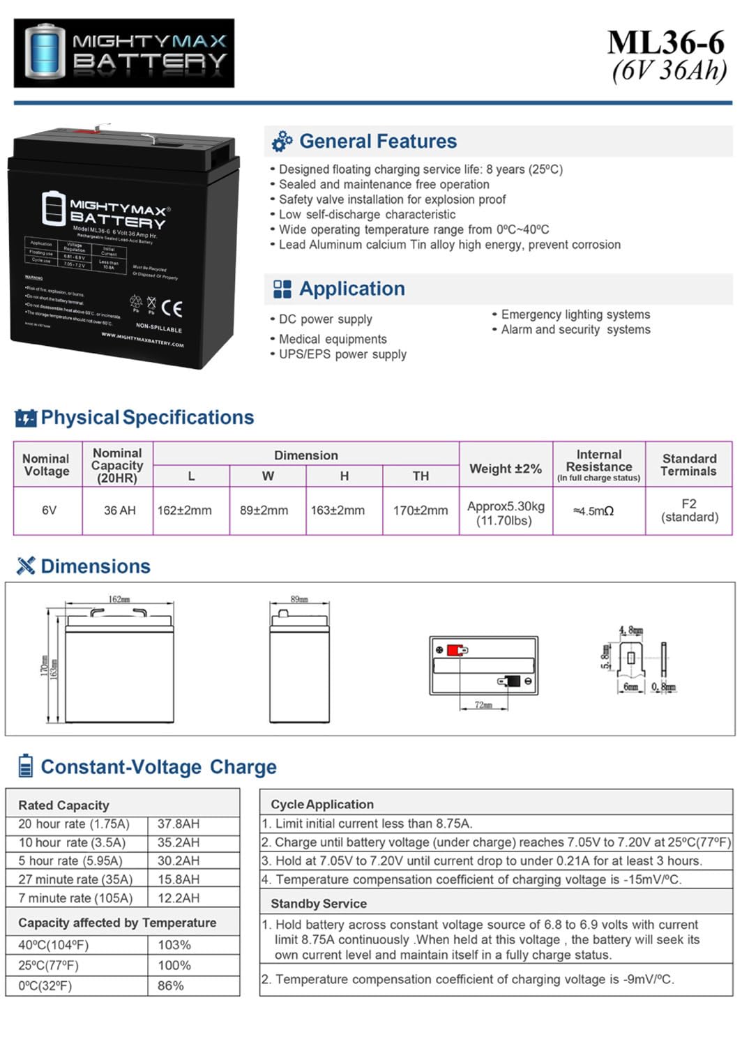 6V 36Ah AGM F2 Terminal Battery 4 Pack L992486