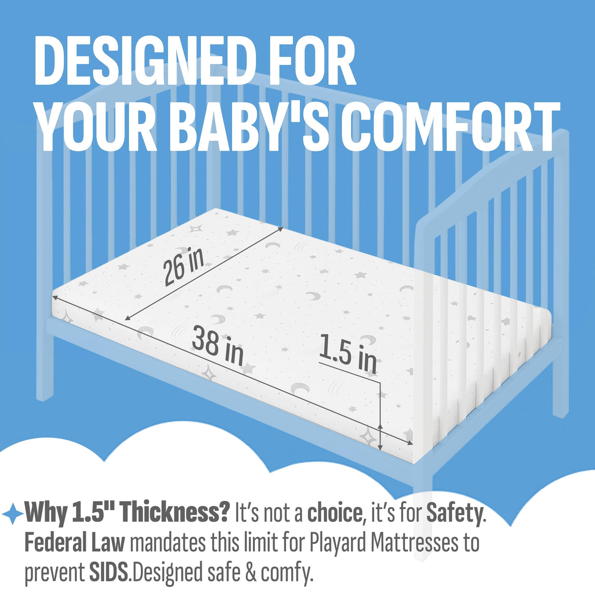 38"x26"x1.5" Bamboo Cover Waterproof Gel Memory Foam Pack n Play Mattress P56779