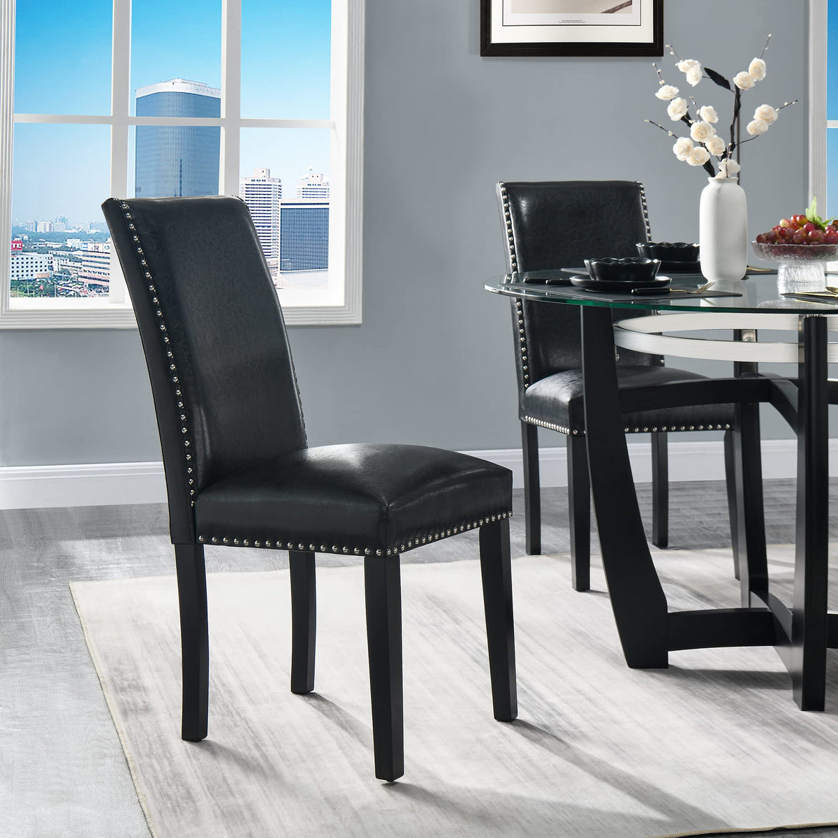 Black Faux Leather Dining Chairs Set of 4 with Wood Legs R611
