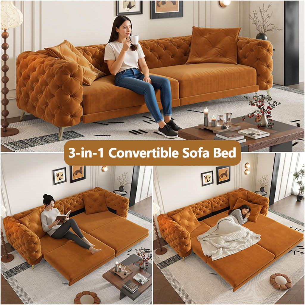 Velvet Convertible Sofa Bed with Ottomans H18096