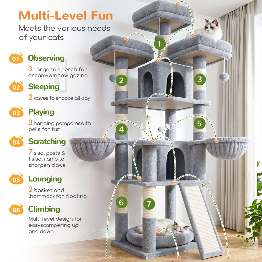 70 Inch Light Grey Cat Tree with Scratching Post X736584