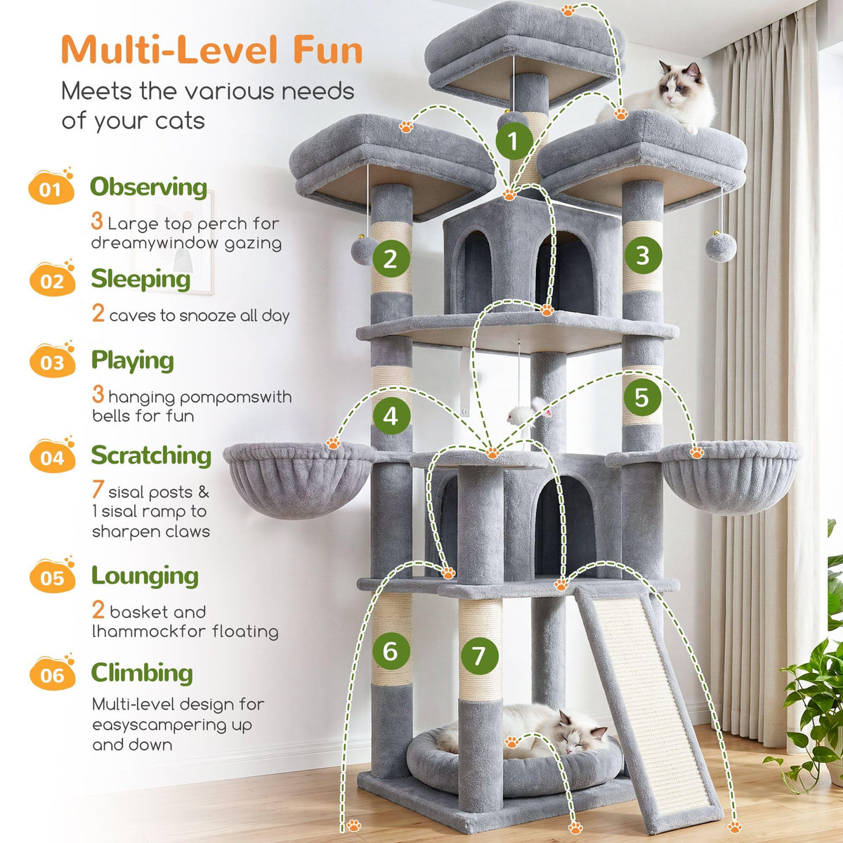 70 Inch Light Grey Cat Tree with Scratching Post X736584